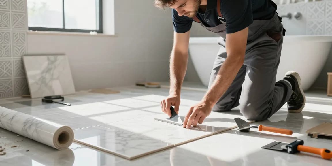 Professionelle Fliesenarbeiten in Heidelberg: Fliesenleger arbeitet an schicken Badfliesen mit moderner Ausstattung.