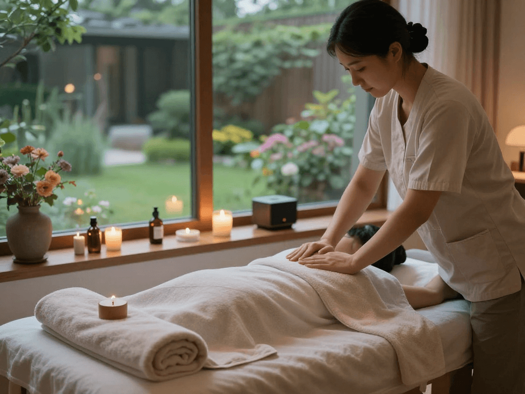 Relaxing 강북출장안마 therapy scene with soothing ambiance and essential oils.