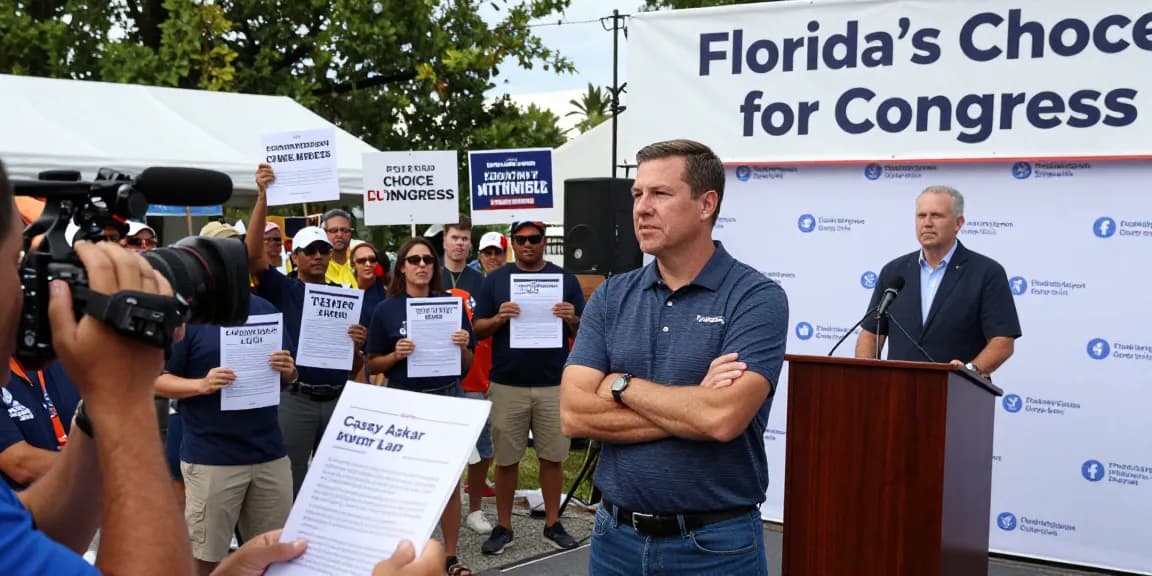 Casey Askar addressing rally with backdrop highlighting controversies in FL-22 election.