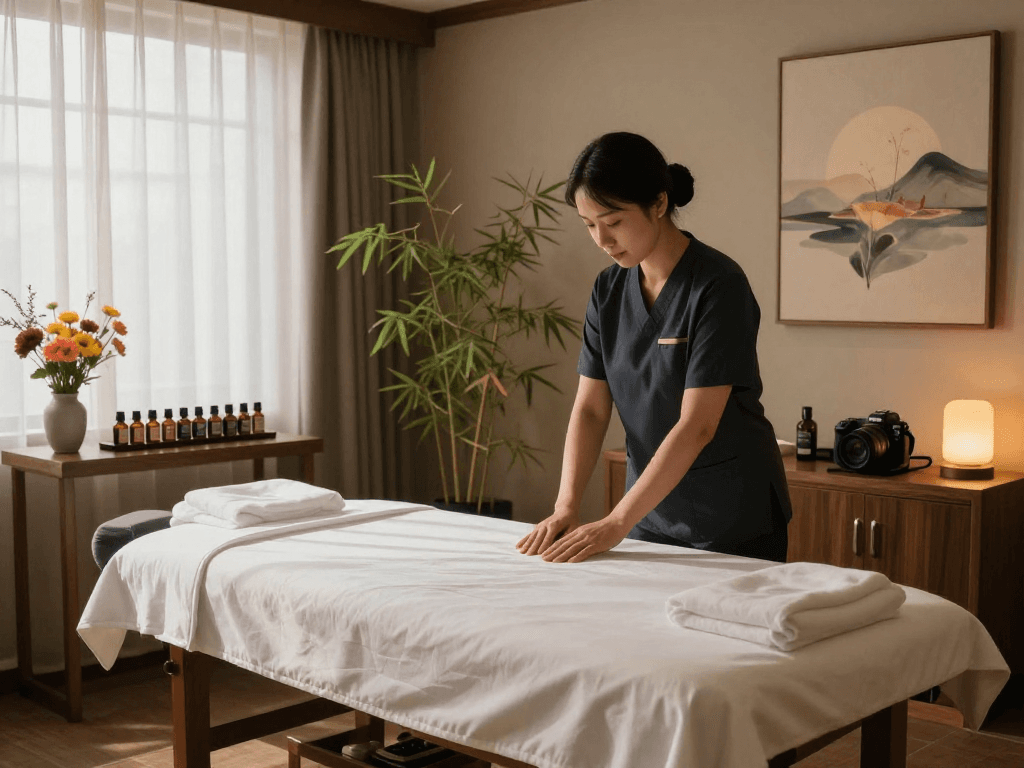 Discover a serene 종로출장안마 massage therapy room with calming decor and essential oils.