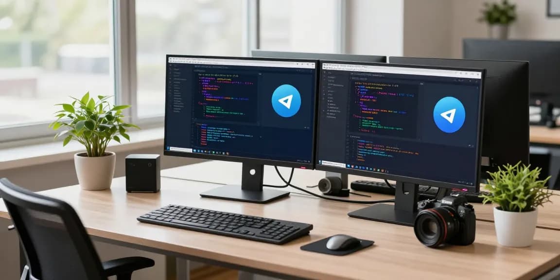 Developer adjusting Telegram中文 settings in a modern workspace with dual monitors and coding elements.