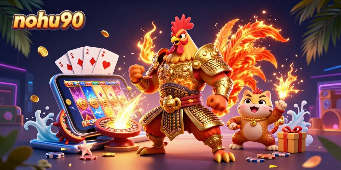 Nohu90 showcases a fighting rooster and dragon in a vibrant casino scene filled with slots and poker.