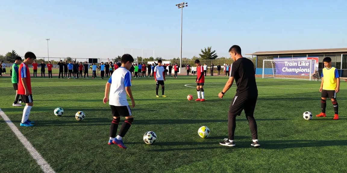 Trainingsball Fußball in Aktion während des Trainings mit jungen Spielern auf dem Spielfeld