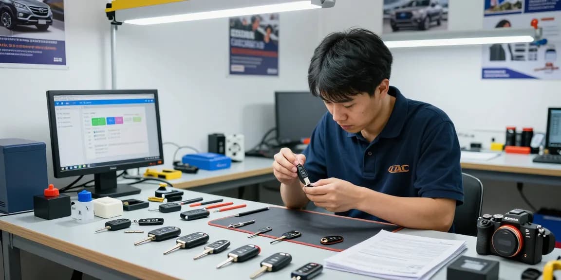 Schau es dir an: Experte für Autoschlüssel bei der Herstellung eines Hyundai Tucson Schlüssels in einer hellen Werkstatt