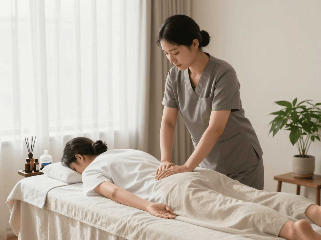 화곡동출장마사지 service in a serene home environment with a professional therapist at work.