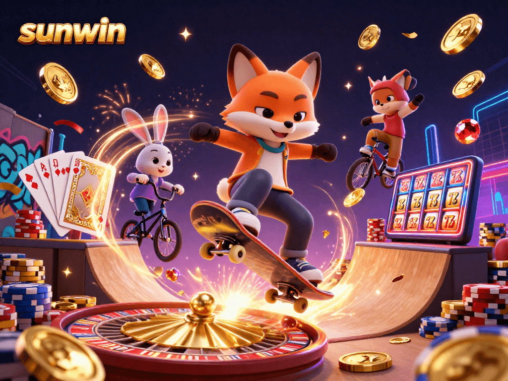 Experience the thrill of sunwin with vibrant casino action in an engaging 3D digital illustration.