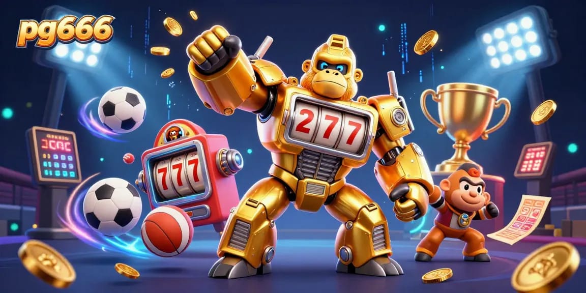 Engage with pg666's dynamic gaming experience featuring a golden gorilla mech and vibrant betting elements.