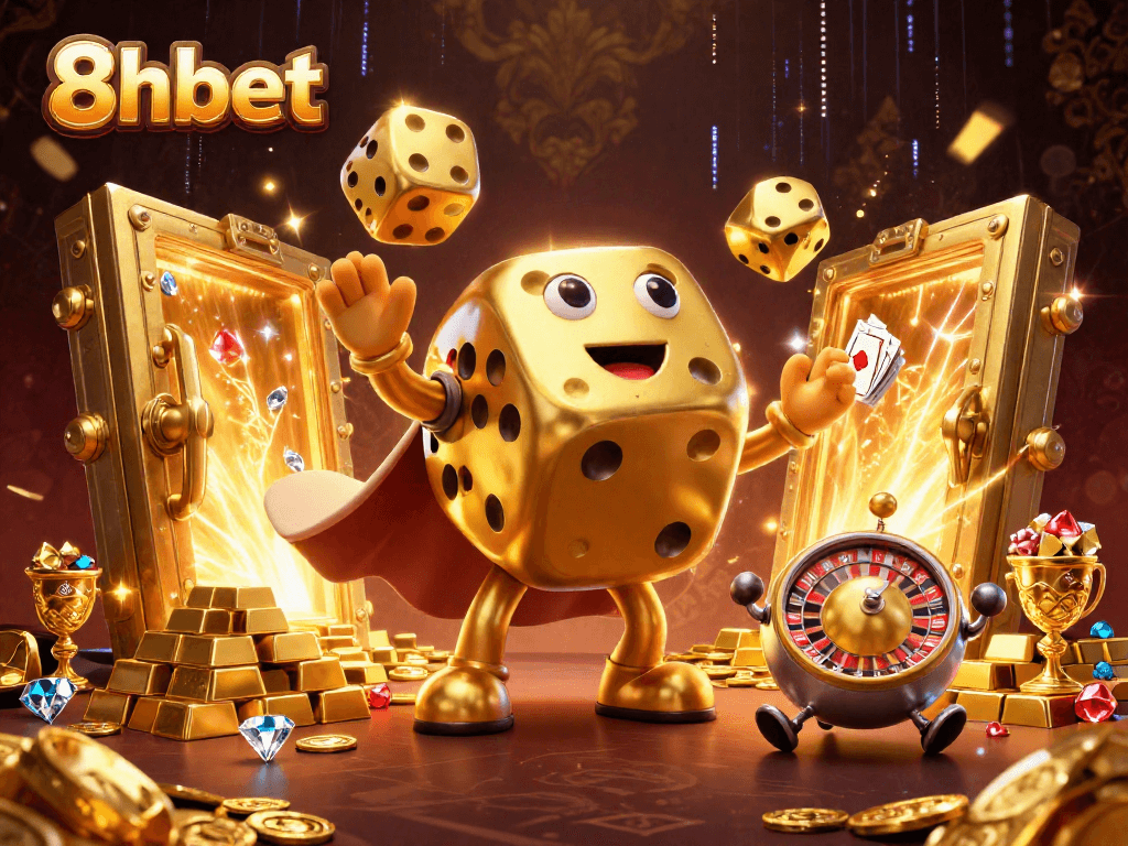 Experience thrilling gameplay with 8xbet's dynamic characters in a richly detailed casino illustration.