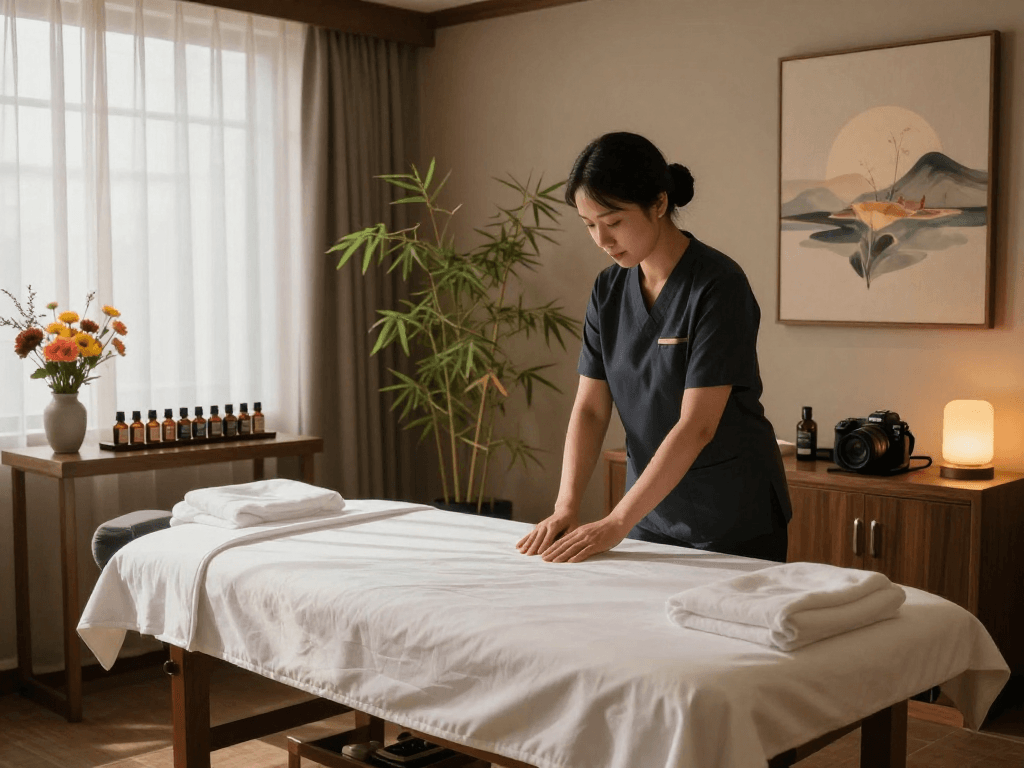 Discover a serene 종로출장안마 massage therapy room with calming decor and essential oils.