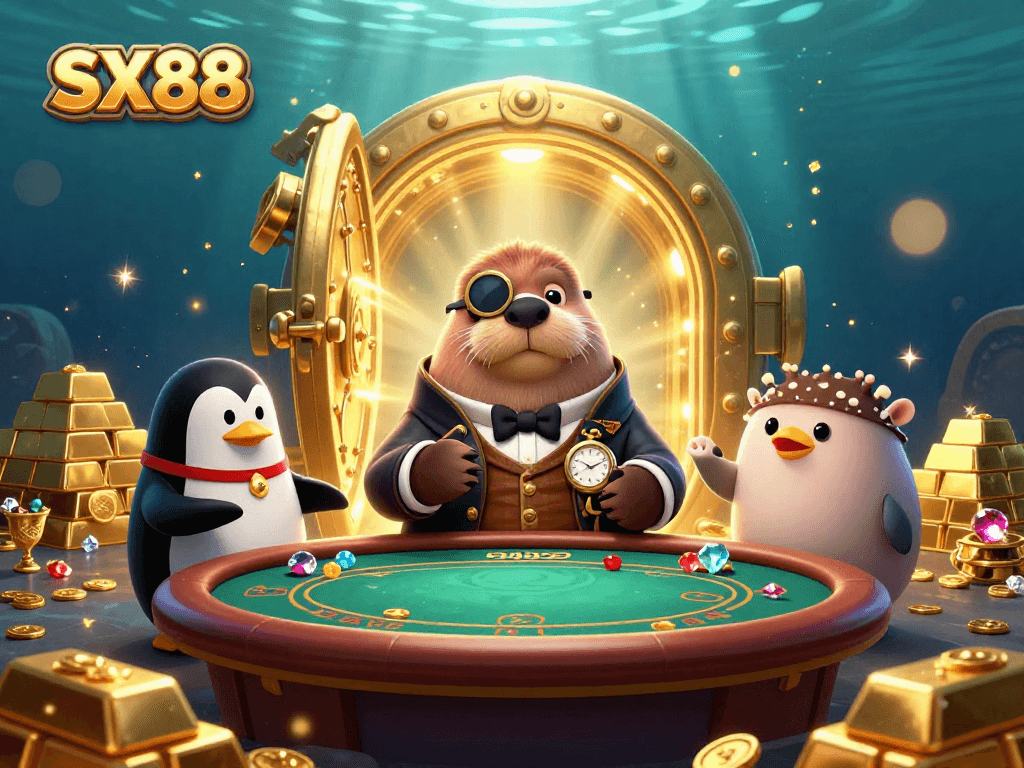 SX88 players bluffing at a poker table, surrounded by treasures and vibrant casino elements.