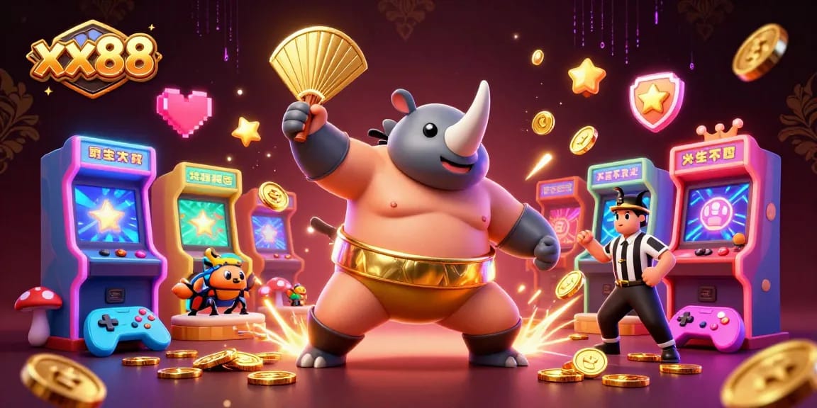 Experience thrilling gameplay at xx88 with a rhinoceros beetle sumo champion amidst glowing casino elements.