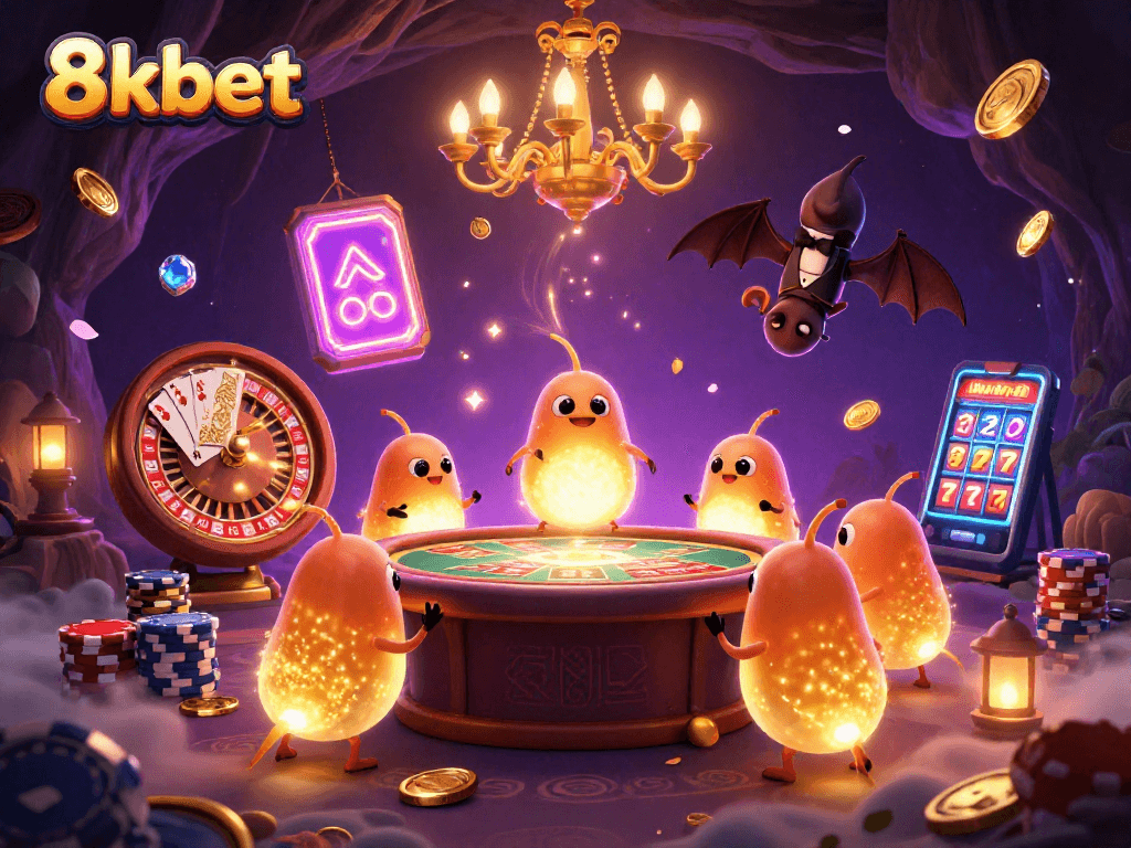 Experience the excitement of 8xbet with glowworms illuminating a vibrant casino scene filled with action.