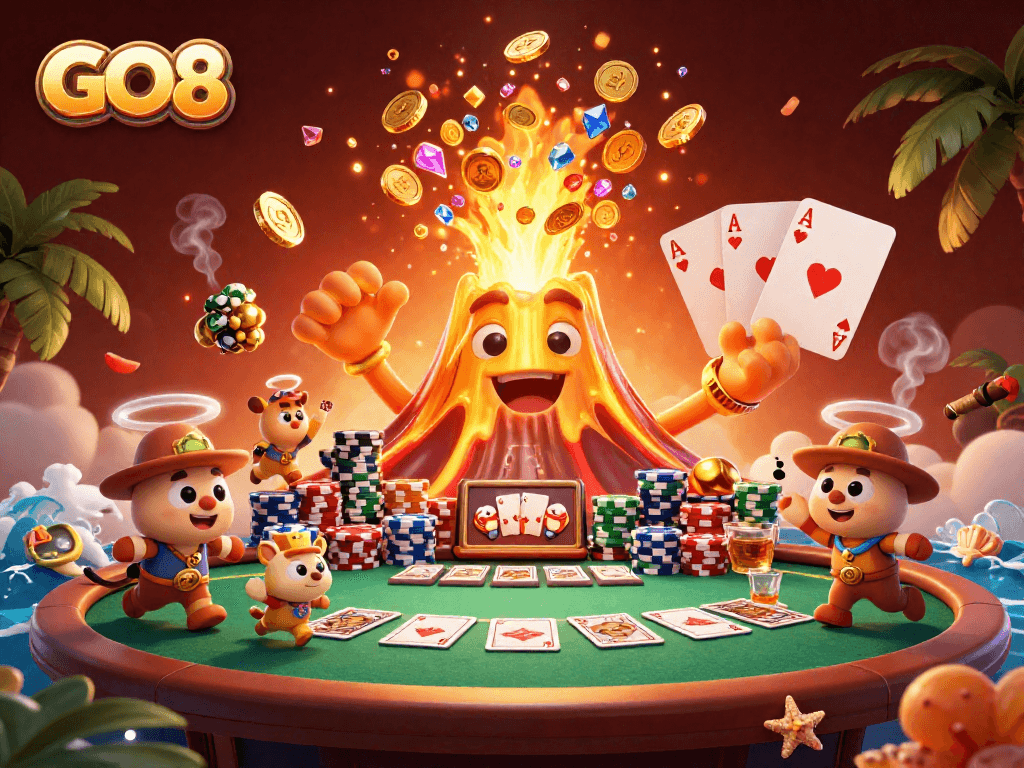 Experience the thrill of GO8 with a vibrant casino scene featuring a golden volcano and poker elements.