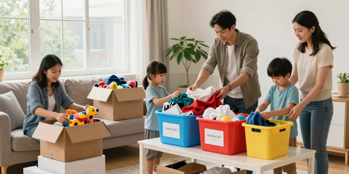 Entrümpelungs-Kundenservice beim Organisieren eines Wohnzimmers mit einer Familie, die alte Gegenstände sortiert.