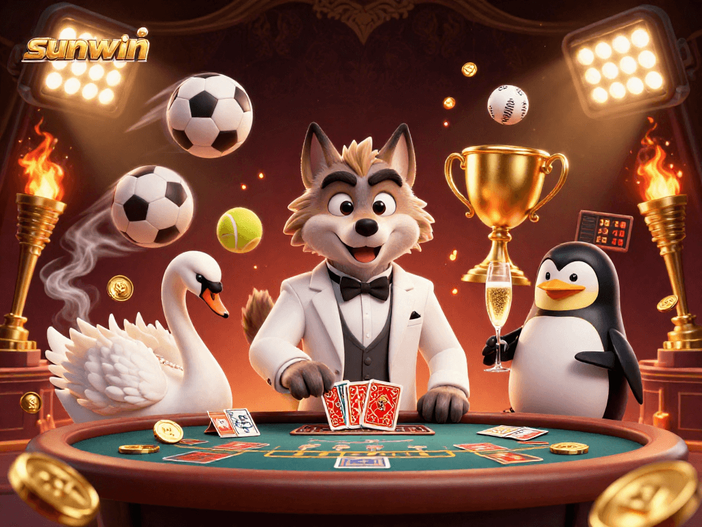 Bet on sunwin as a debonair wolf plays baccarat while a swan deals cards and a penguin presents champagne.