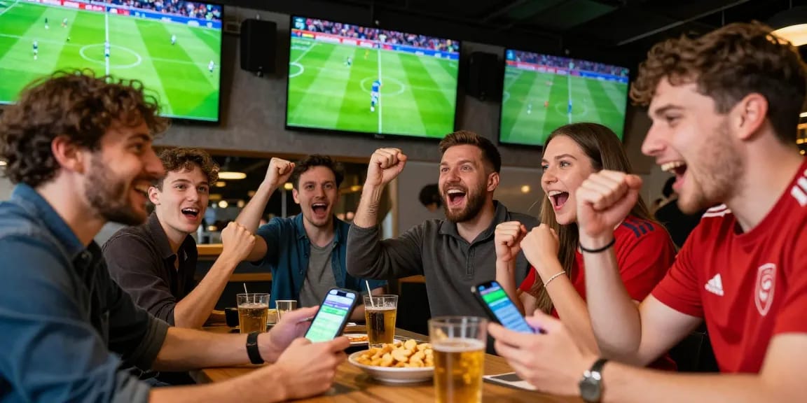Freunde jubeln beim Fussball-Wetten auf fussball de in einer Sportbar während eines spannenden Spiels.