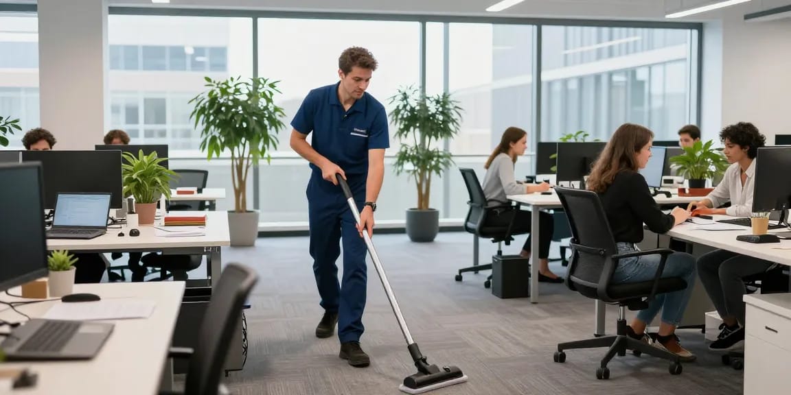 Professionelle Gebäudereinigung Düsseldorf mit geschulten Reinigungskräften, die ein Büro gründlich reinigen und für Sauberkeit sorgen.