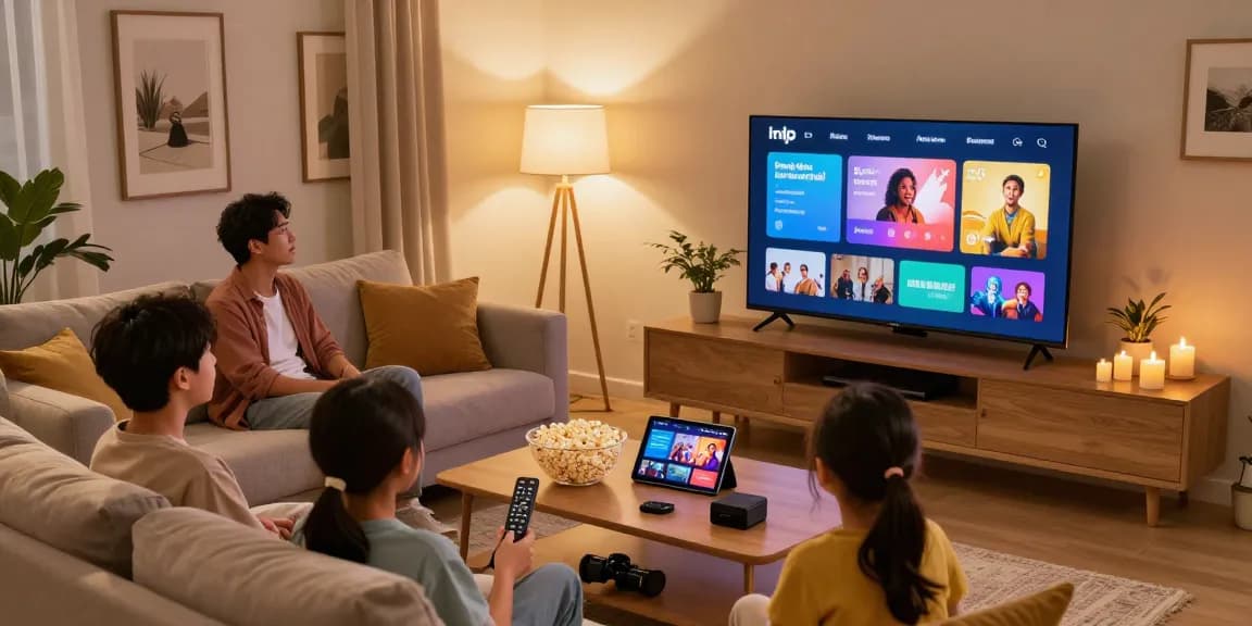 Familie genießen ip tv smart Streaming im stilvollen Wohnzimmer mit Fernseher und Snacks.