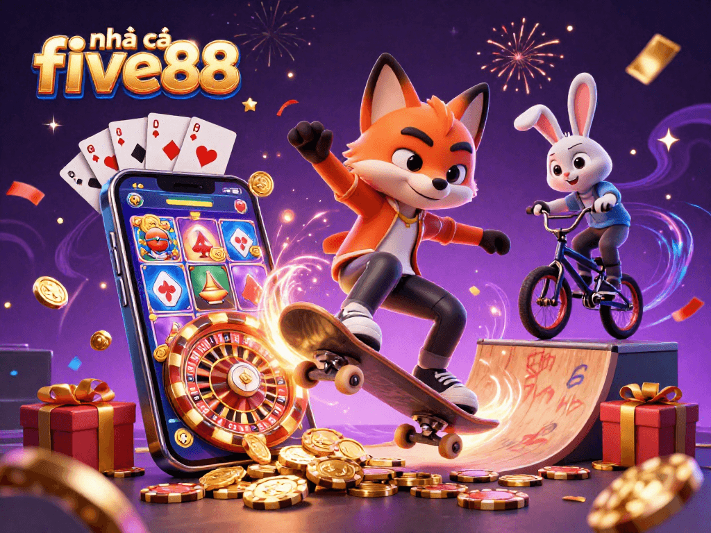 Engaging scene of nhà cái five88 with a skateboarding fox and BMX rabbit amidst casino elements, celebrating wins in vibrant colors.