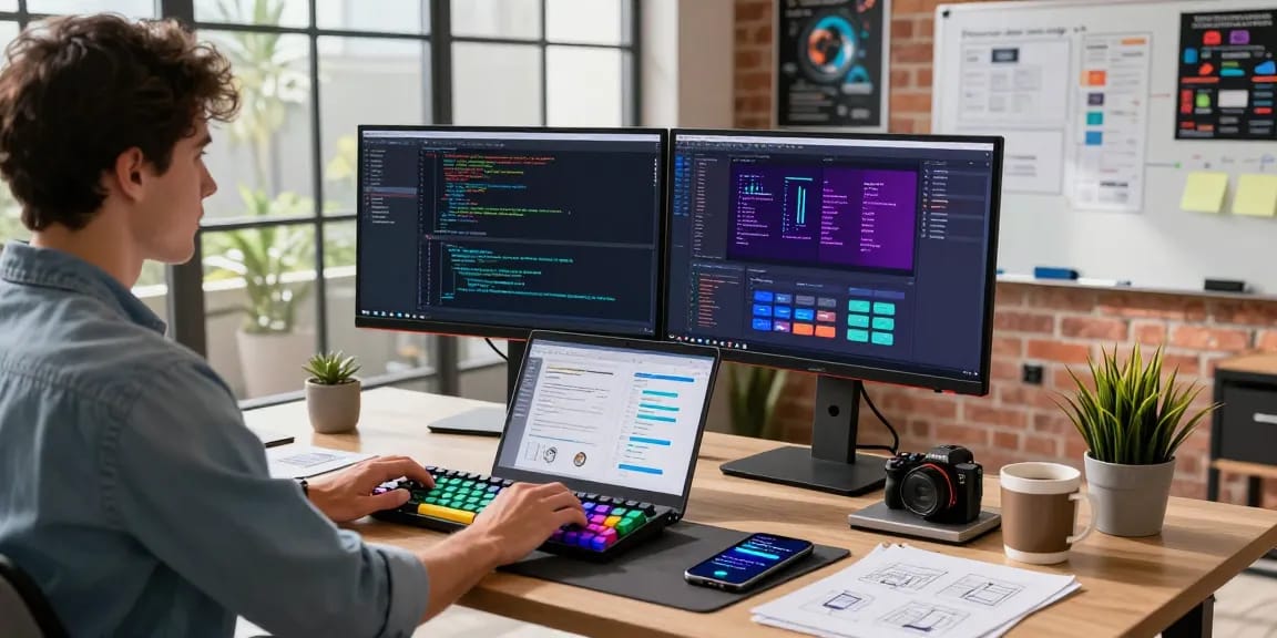 Developer analyzing code on https://sc88.chat/ at modern workspace with dual monitors and natural light.