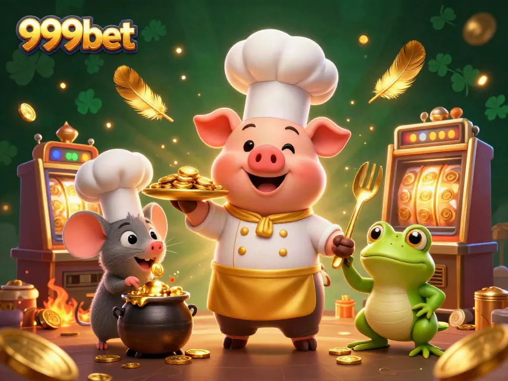 Experience thrilling gameplay at 999bet with pig chef serving gold coins, casino elements included.