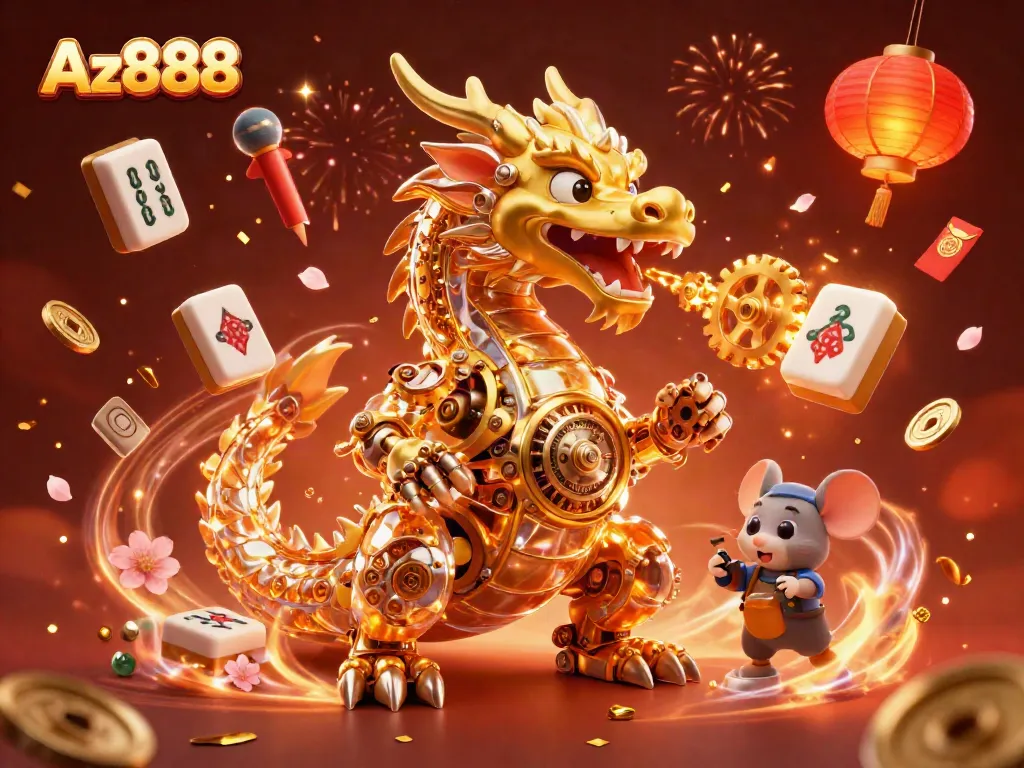 Experience the excitement of Az888 with a golden dragon and a mouse engineer amidst vibrant casino elements.
