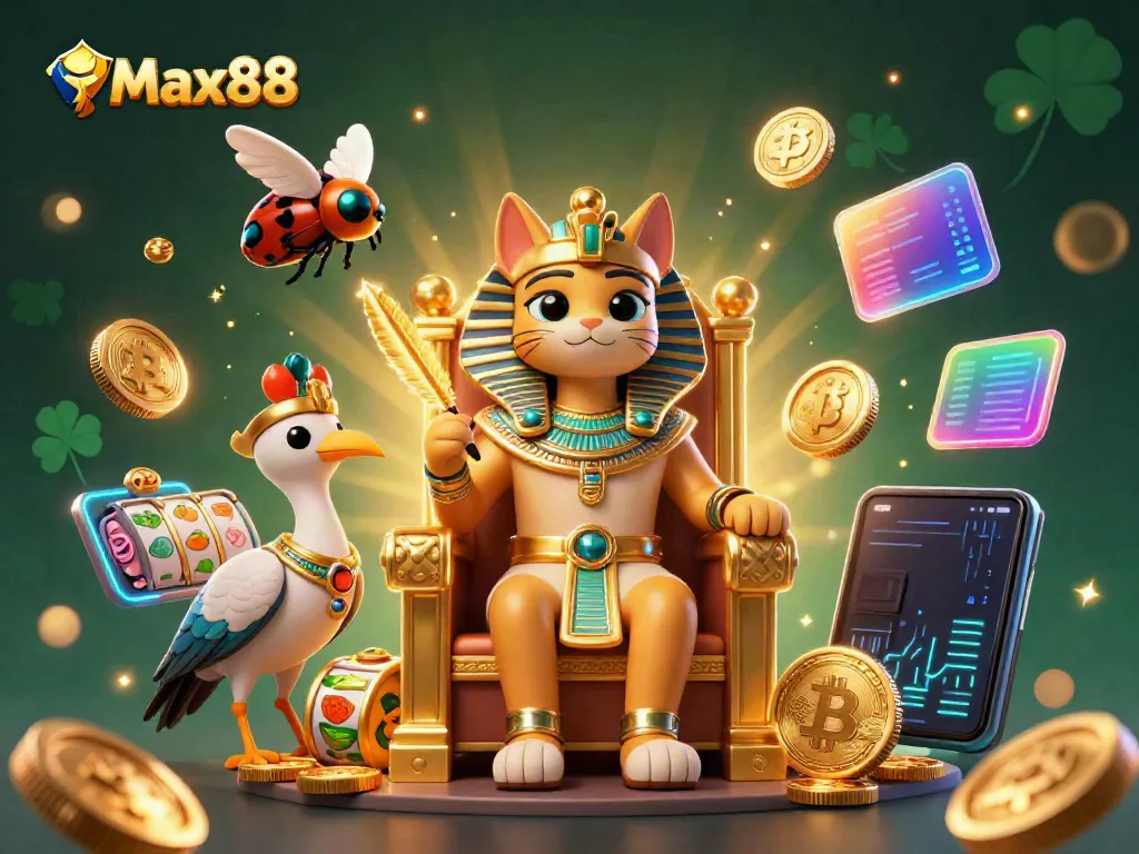 Experience Max88's vibrant casino realm with Egyptian pharaoh cat, NFT elements, and glowing cryptocurrencies.