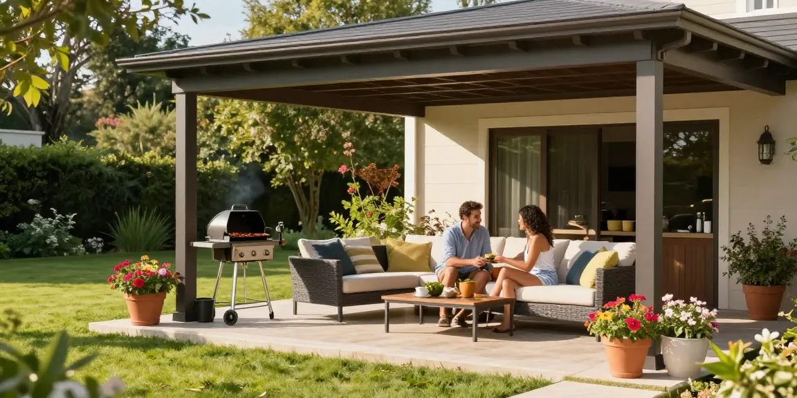 Freistehende Terrassenüberdachung mit modernen Möbeln und blühenden Pflanzen im Garten.