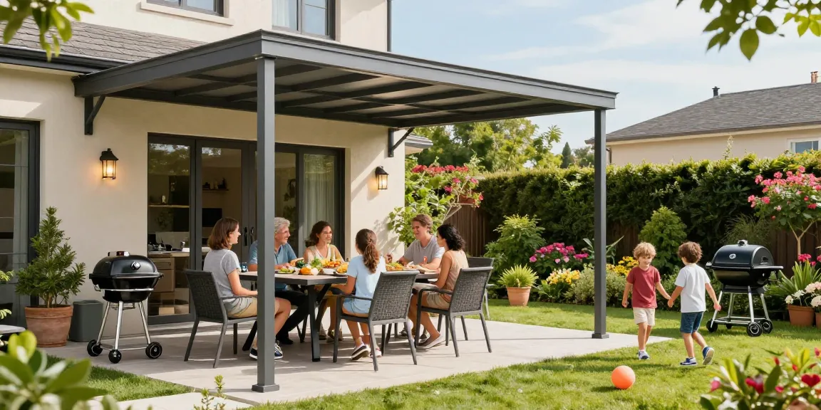 Moderne Terrassenüberdachung in einem Garten mit einer Familie, die eine sonnige Zeit im Freien genießt.