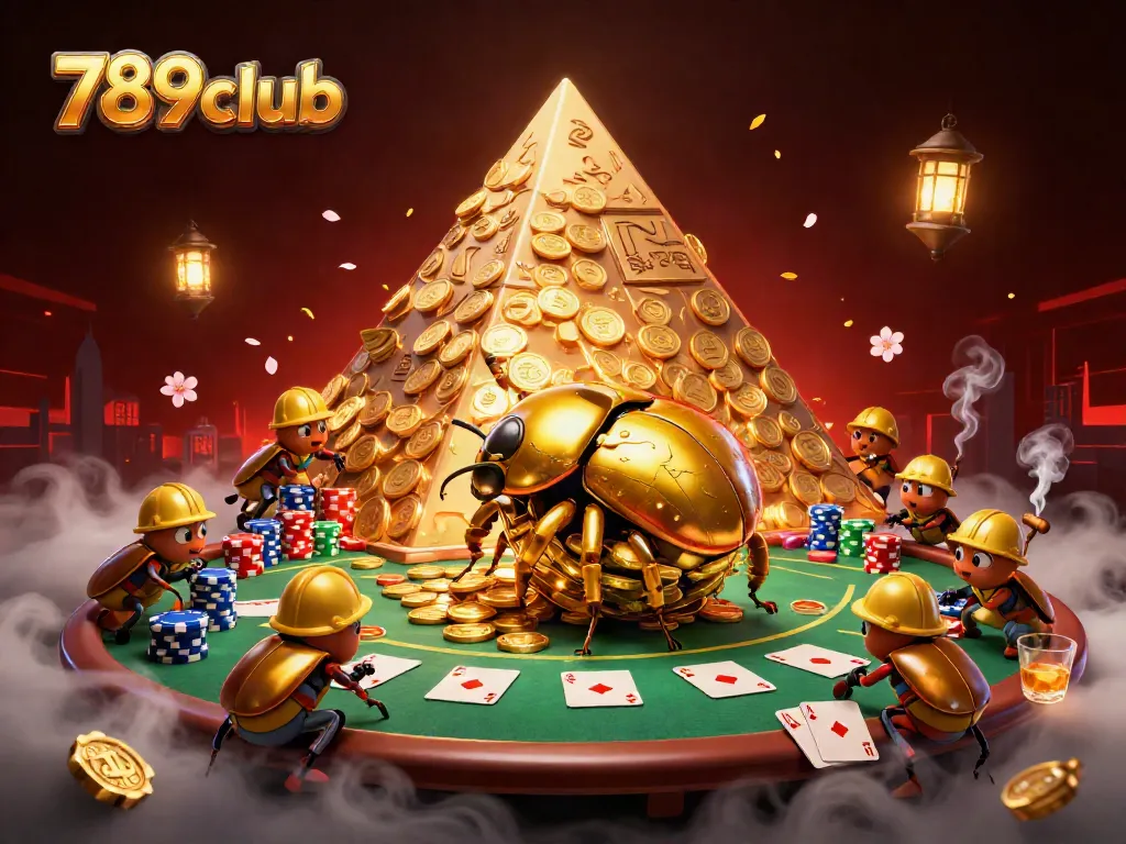 Win big at 789club with a lively casino scene of a golden beetle and poker elements.