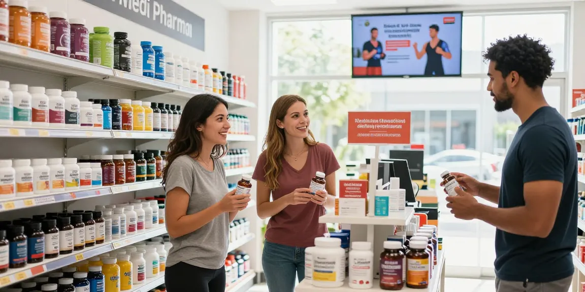 Erkundung des Medi Pharma Shops mit lebhaften Wellness-Produkten und engagiertem Personal.