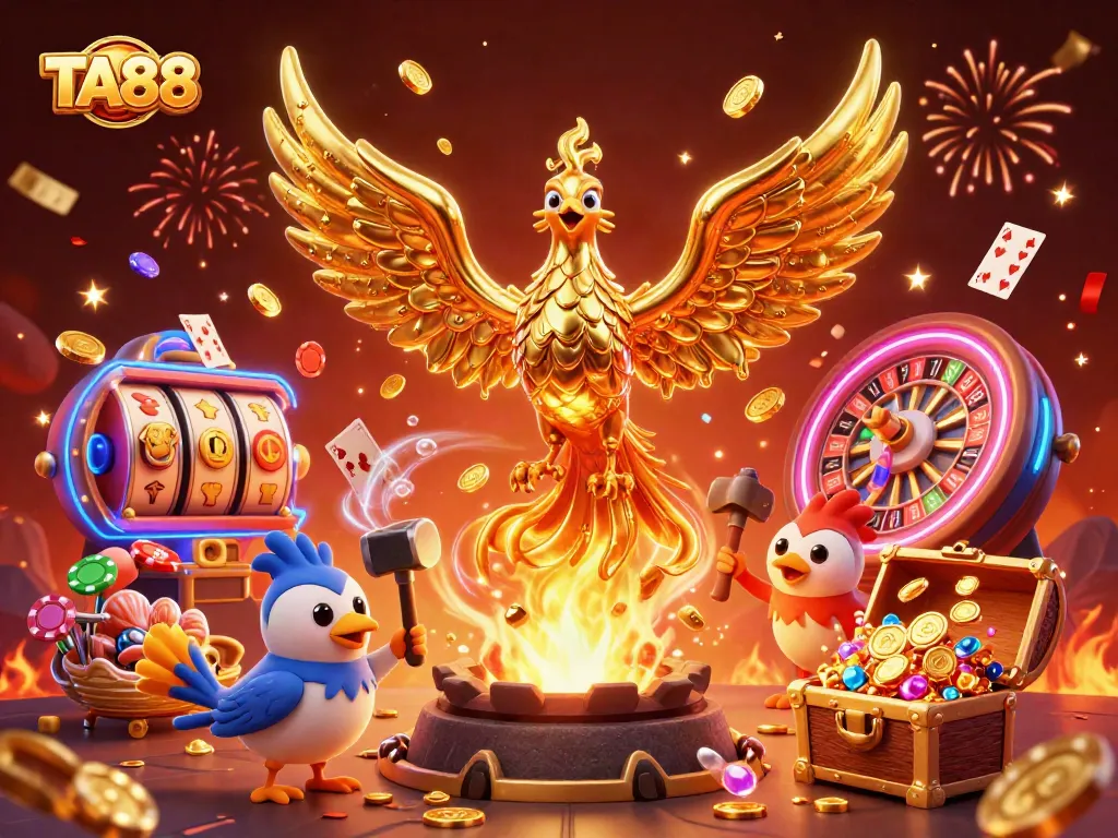 TA88 showcases thrilling casino excitement with a molten phoenix amid gaming elements.
