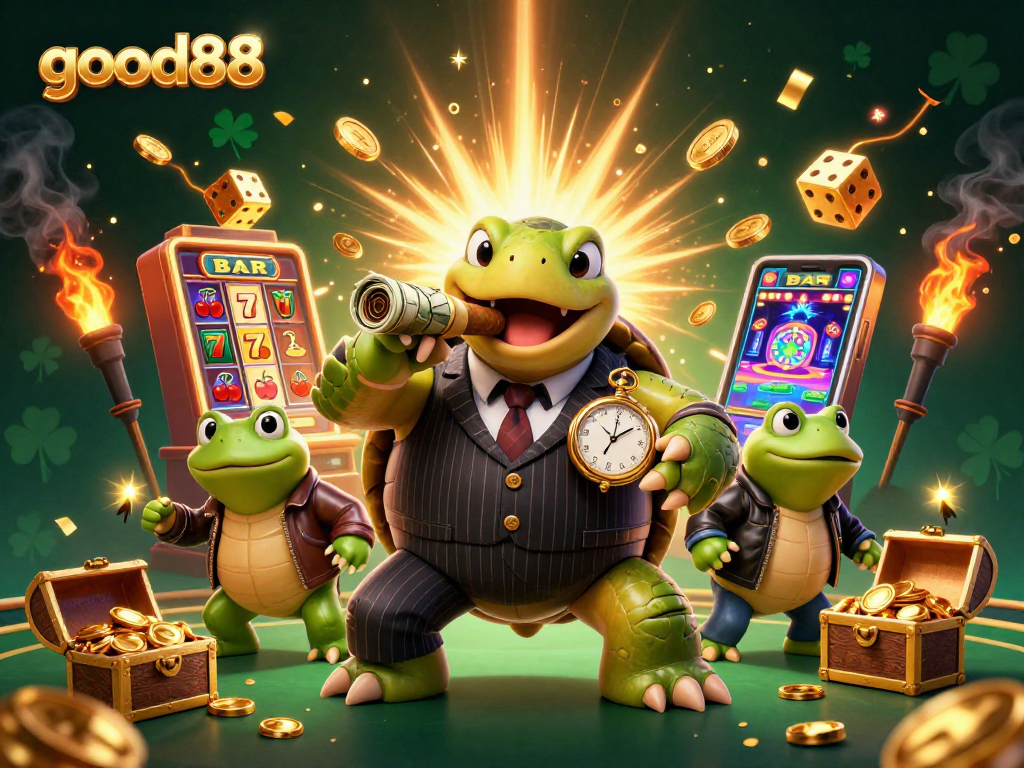 Experience thrilling gameplay with good88 as you watch a cartoon turtle and bullfrogs celebrate jackpot wins at the casino.