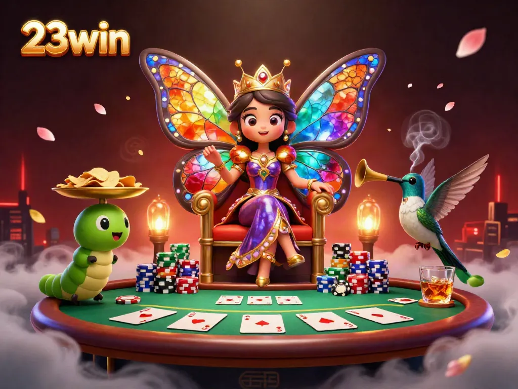 Engage in exciting gameplay at 23win with vibrant visuals of a butterfly queen and casino elements.
