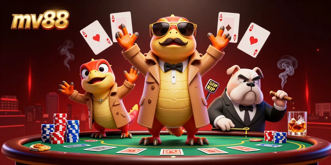 Experience MV88's thrilling VIP lounge with cartoon raptors and a bouncer in a lively casino scene.