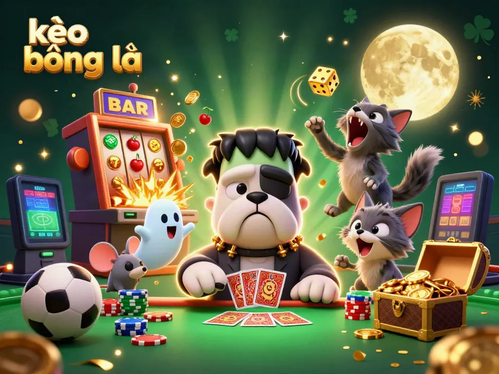 Engage with kèo bóng đá at a lively casino scene featuring a Frankenstein bulldog and playful elements.