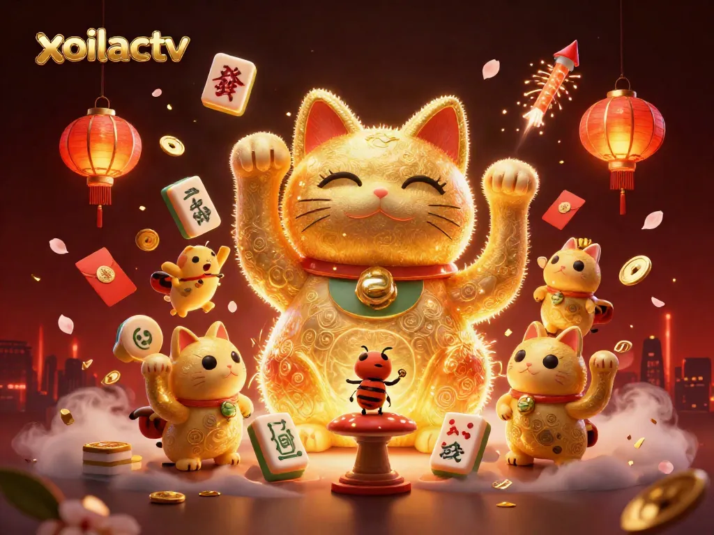 Experience the magic of xoilactv with a vibrant illustration of a lucky cat surrounded by casino symbols.