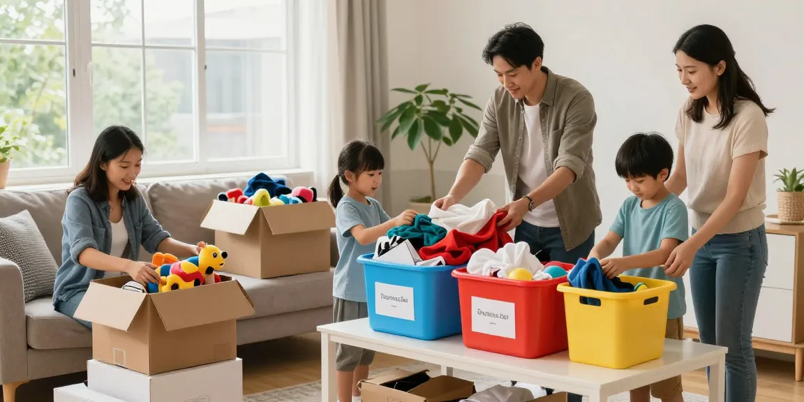 Entrümpelungs-Kundenservice beim Organisieren eines Wohnzimmers mit einer Familie, die alte Gegenstände sortiert.