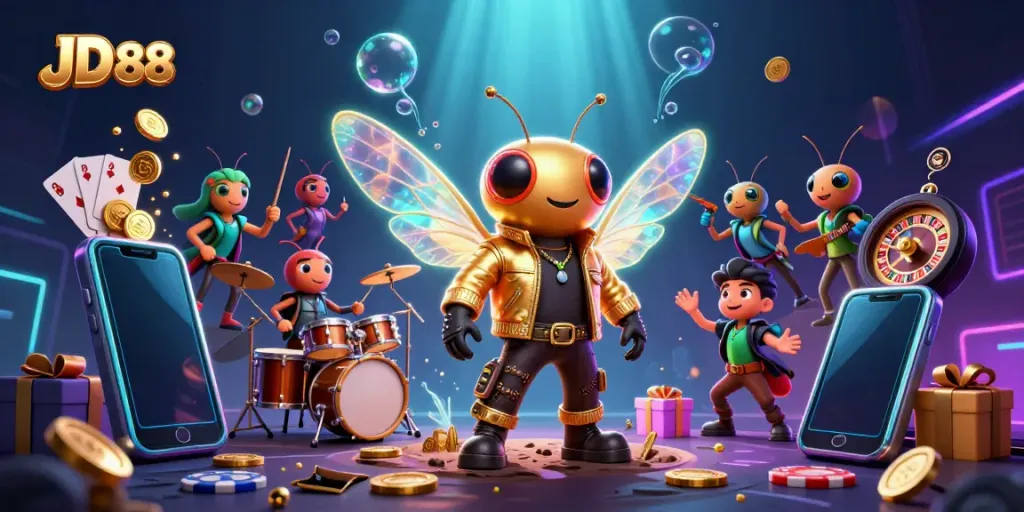 Experience the vibrant energy of JD 88 with a cartoon cicada rock star and slot games.