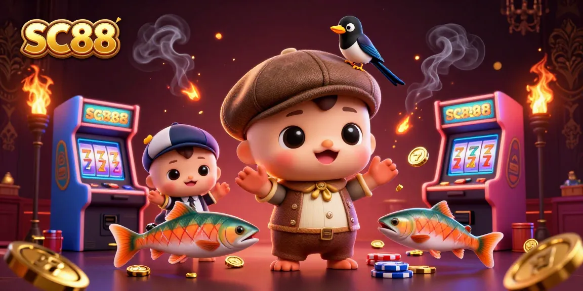 SC88's vibrant online casino scene features baby Nessie, a magpie, and slot game action.