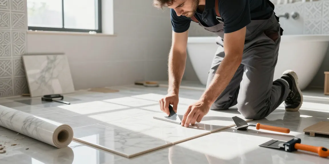 Professionelle Fliesenarbeiten in Heidelberg: Fliesenleger arbeitet an schicken Badfliesen mit moderner Ausstattung.