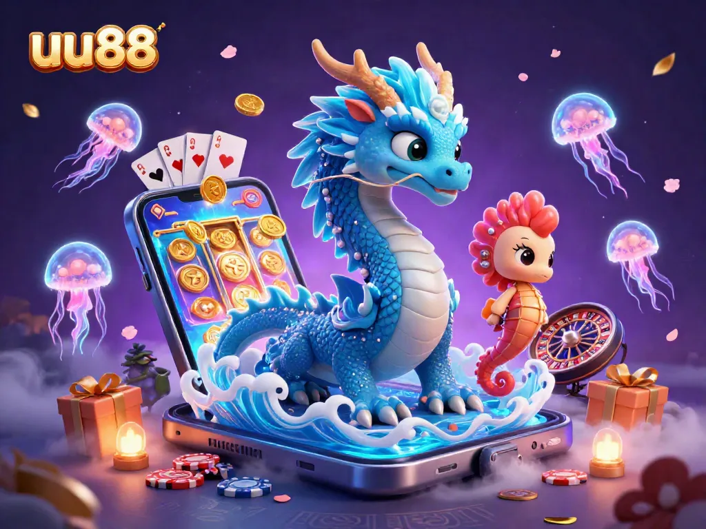 The uu88 illustration showcases a vibrant casino scene featuring an azure water dragon, seahorse knight, and glowing jellyfish among slot games, coins, and cards.