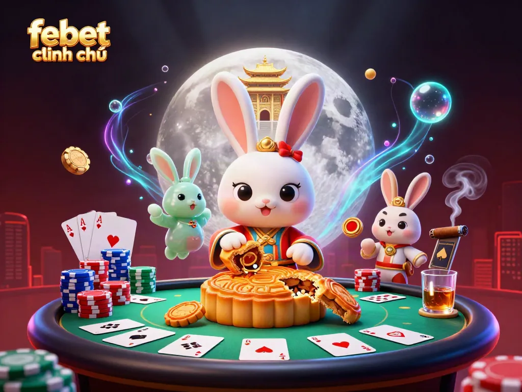 Experience the excitement of febet chính chủ with a vibrant 3D scene of a moon rabbit revealing poker chips.