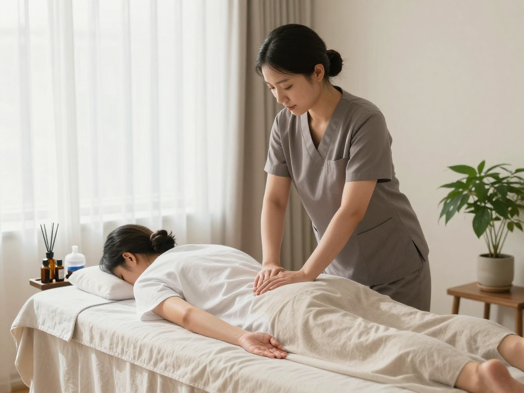 화곡동출장마사지 service in a serene home environment with a professional therapist at work.