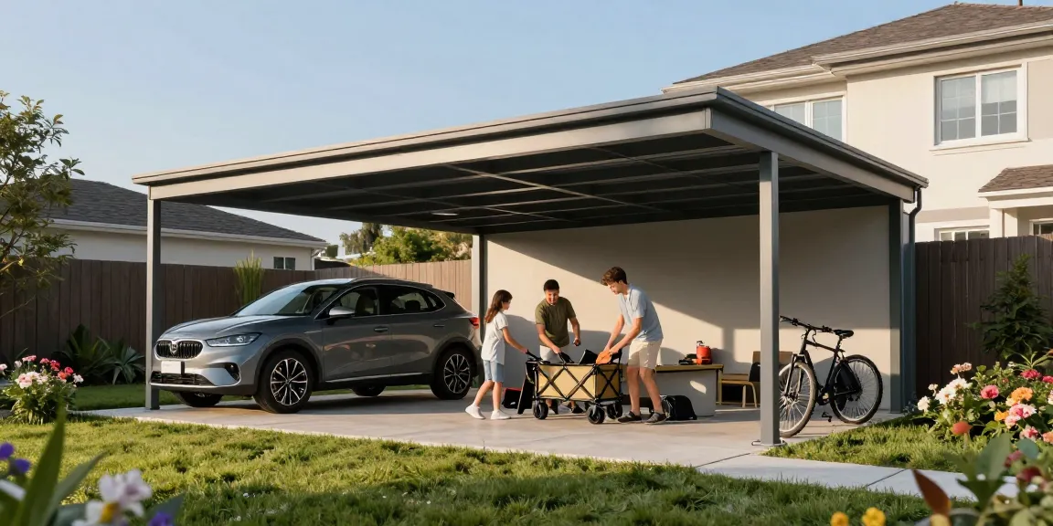 Carport als vielseitige Lösung für Fahrzeuge und Freizeitaktivitäten in einem modernen Garten.