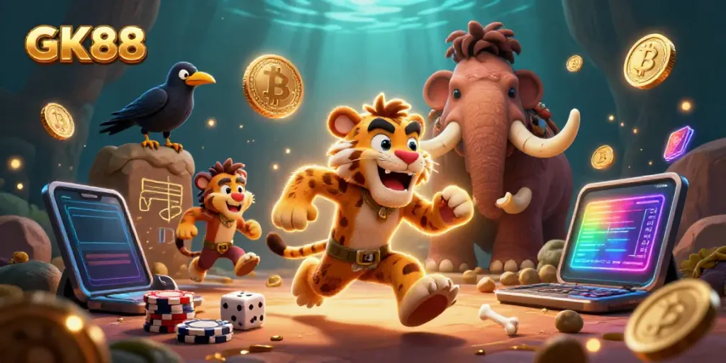 Engage in thrilling gameplay at GK88 with fun characters in an imaginative casino scene.