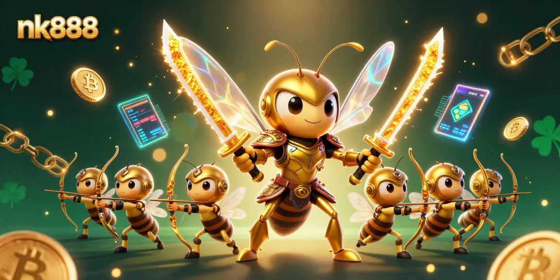 Experience the vibrant nk888 gaming environment with a golden hornet warrior and crypto elements.