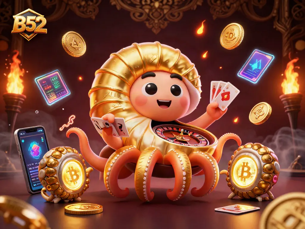 B52 illuminates the casino with a giant nautilus roulette wheel and vibrant crypto coins.