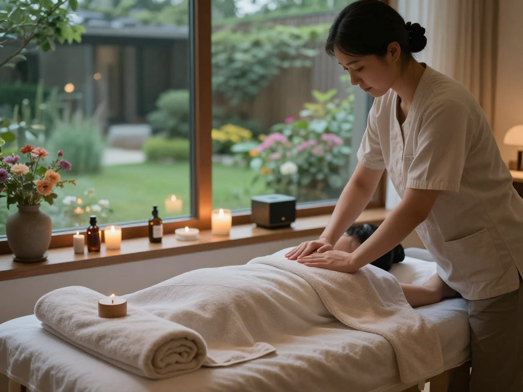 Relaxing 강북출장안마 therapy scene with soothing ambiance and essential oils.