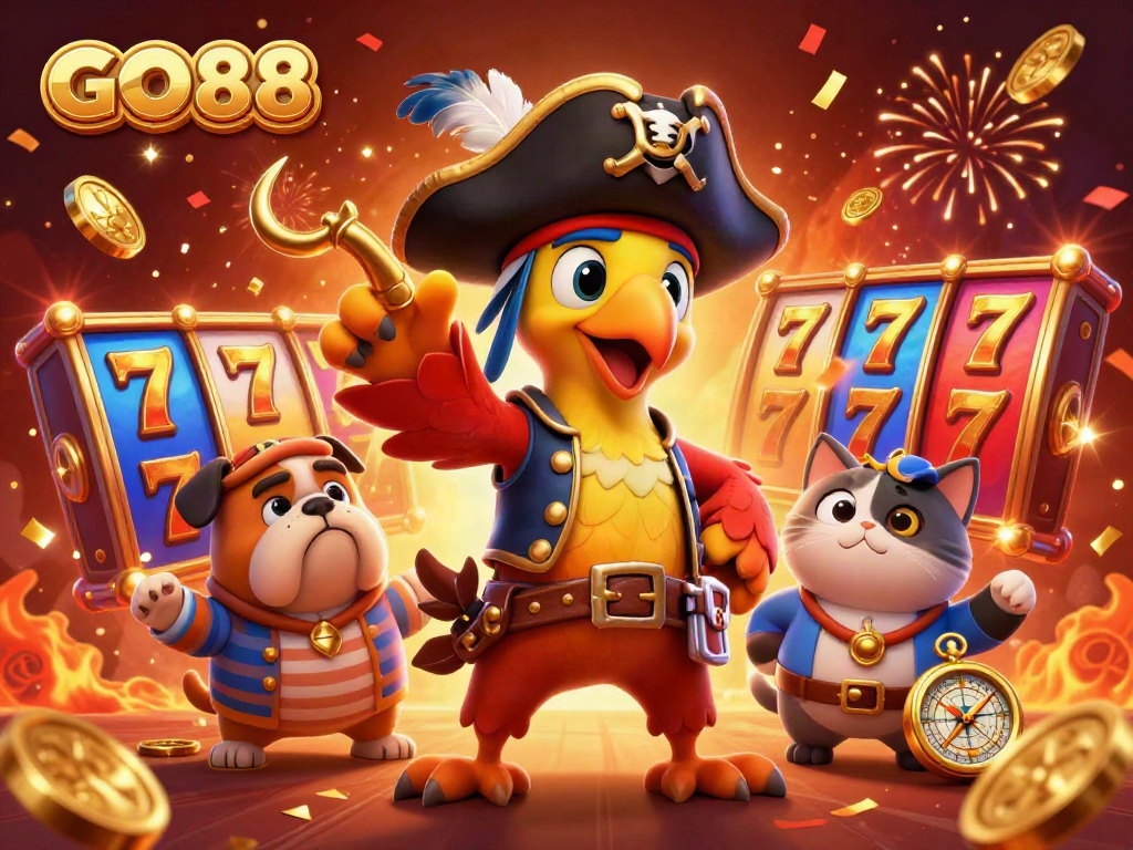 Experience thrilling gaming adventures with GO88 featuring immersive slot reels and lively pirate characters.